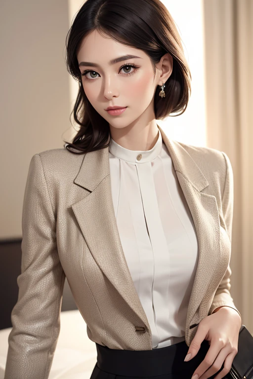 A stylish and elegant portrait of an adult woman suitable for a smartphone wallpaper. She has a sophisticated and confident demeanor, with soft lighting highlighting her facial features. The background is a subtle gradient in calming tones, creating a minimalistic and modern aesthetic. The woman is dressed in a chic, timeless outfit with understated accessories, exuding a professional yet approachable vibe. Perfect proportions for smartphone screens. high definition , accurate,  top quality,  high image quality model ,  textured skin ,  very detailed , 