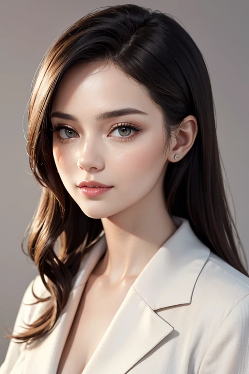 A stylish and elegant portrait of an adult woman suitable for a smartphone wallpaper. She has a sophisticated and confident demeanor, with soft lighting highlighting her facial features. The background is a subtle gradient in calming tones, creating a minimalistic and modern aesthetic. The woman is dressed in a chic, timeless outfit with understated accessories, exuding a professional yet approachable vibe. Perfect proportions for smartphone screens. high definition , accurate,  top quality,  high image quality model ,  textured skin ,  very detailed , 