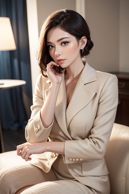 A stylish and elegant portrait of an adult woman suitable for a smartphone wallpaper. She has a sophisticated and confident demeanor, with soft lighting highlighting her facial features. The background is a subtle gradient in calming tones, creating a minimalistic and modern aesthetic. The woman is dressed in a chic, timeless outfit with understated accessories, exuding a professional yet approachable vibe. Perfect proportions for smartphone screens. high definition , accurate,  top quality,  high image quality model ,  textured skin ,  very detailed , 