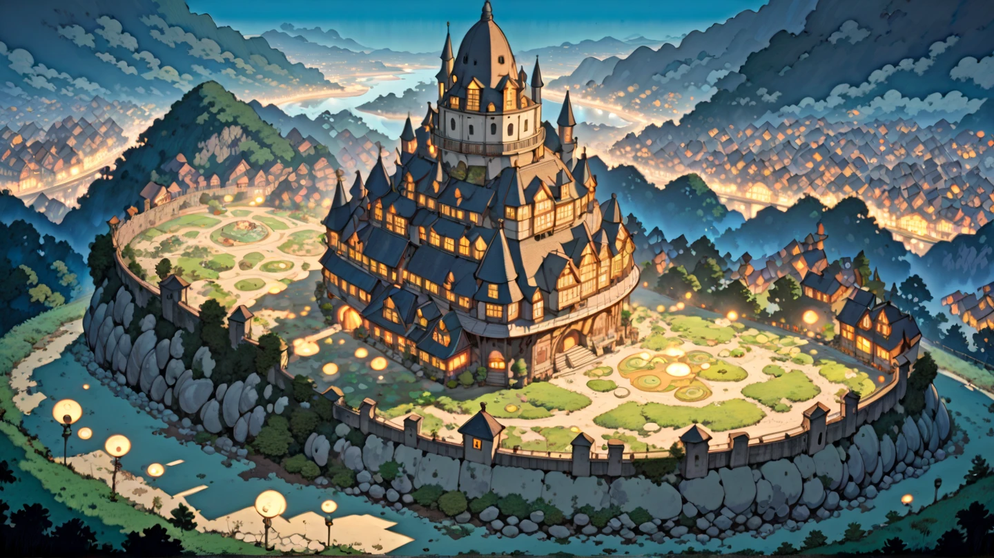 (masterpiece, ultra-detailed, top quality), (cartoon-like illustrations reminiscent of Hayao Miyazaki, Japanese 2D animation, shadows:1.3), distant night view from above, (huge peach moons:1.6), (huge medieval European castle town:1.3).