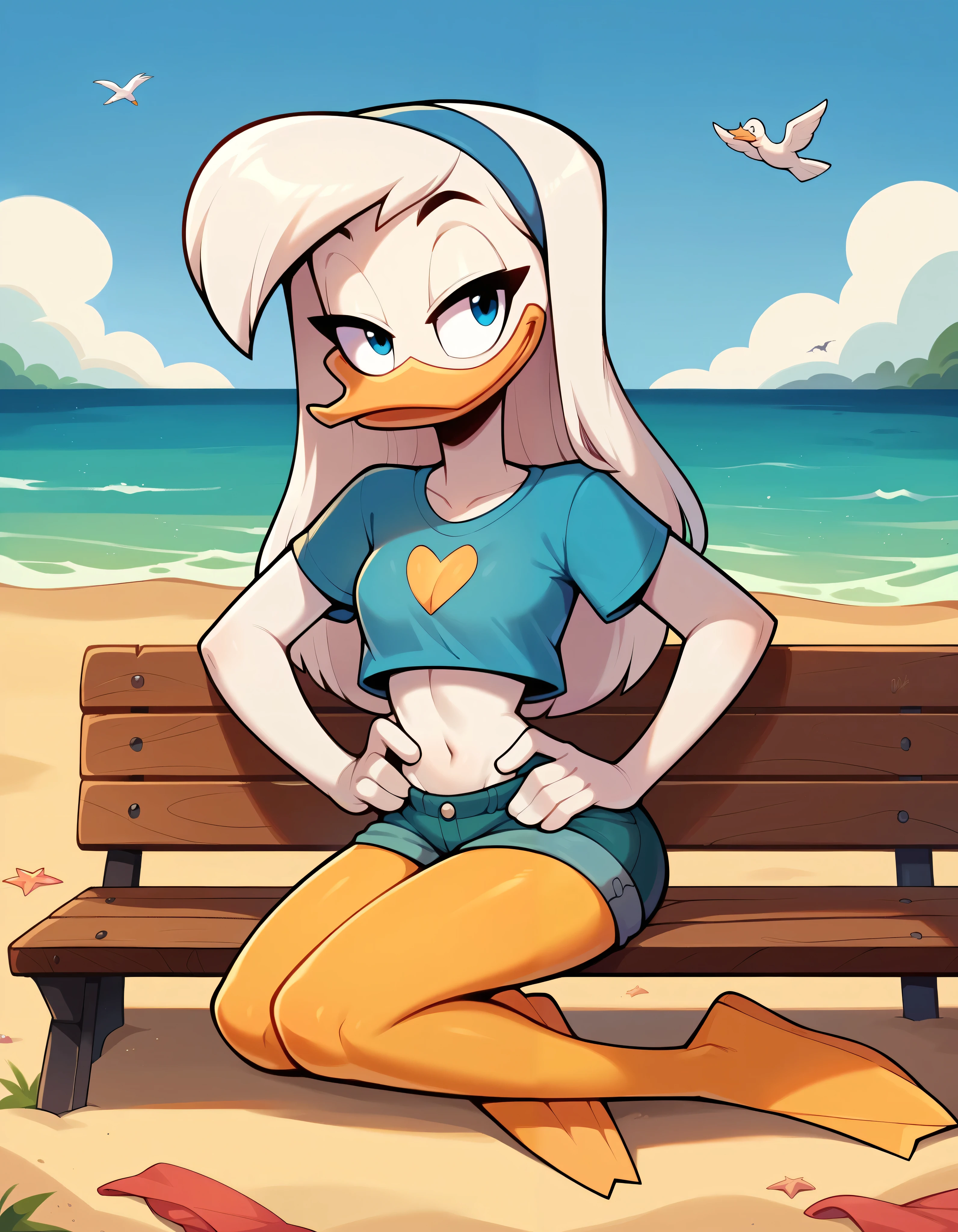 score_9, score_8_up, score_7_up, score_6_up, 1girl, source cartoon, della duck, ducktales, duck, beak, bird, white skin, white body, long hair, hair, female, orange legs, webbed feet, (medium breastless chest), detailed long skinny torso, crop top white shirt, beach, sunny, blue sky, sitting, bench, winking, sexy, bedroom eyes, cute, hands on hip  