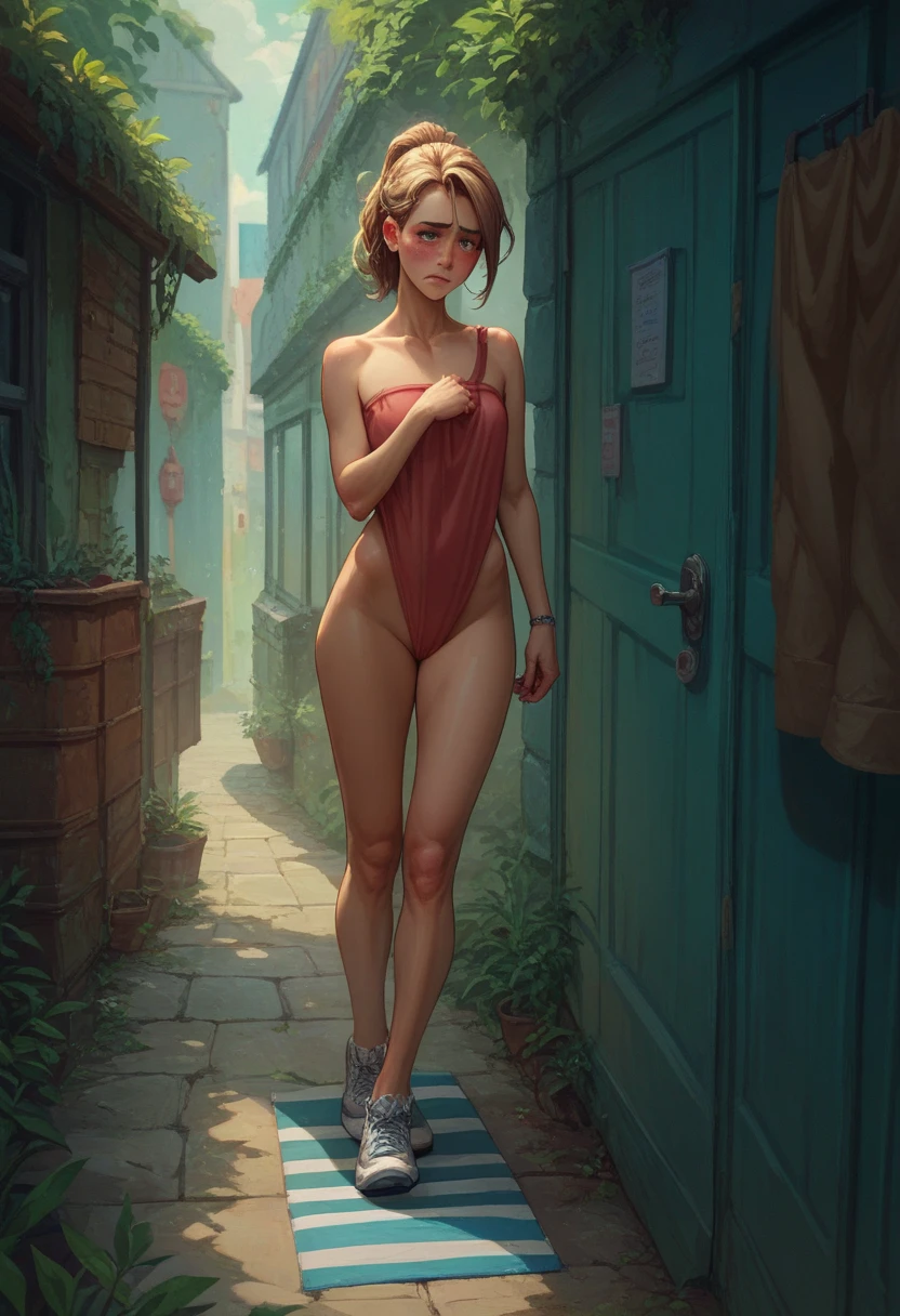 1fille,14 year old girl, asian, whole body from head to toe, Realstic, visage, the whole wet body, nudity, side lighting, wallpaper, bald girl, in the rain, no clothe, outdoor, back view