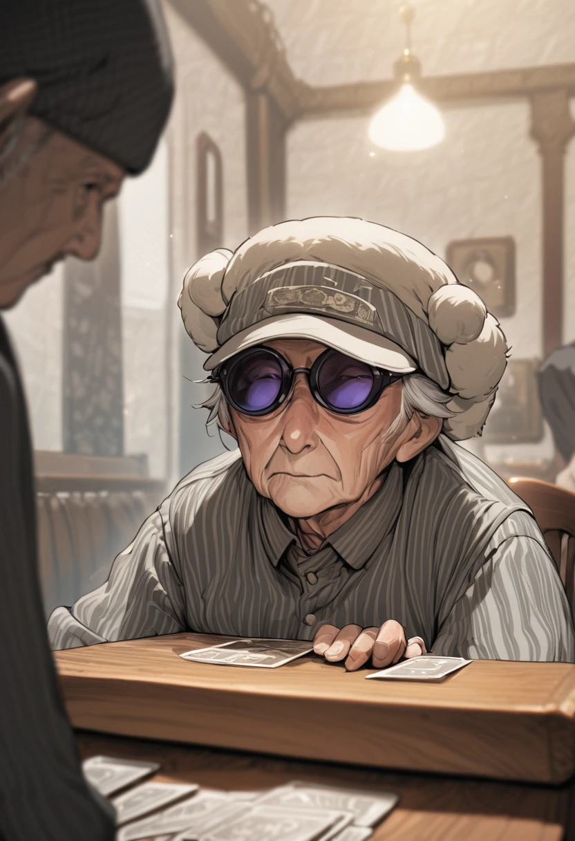 A warm and inviting scene of an old man with a sheep hat and hexagonal sunglasses listening attentively to a woman, tarot cards on the table, soft focus background