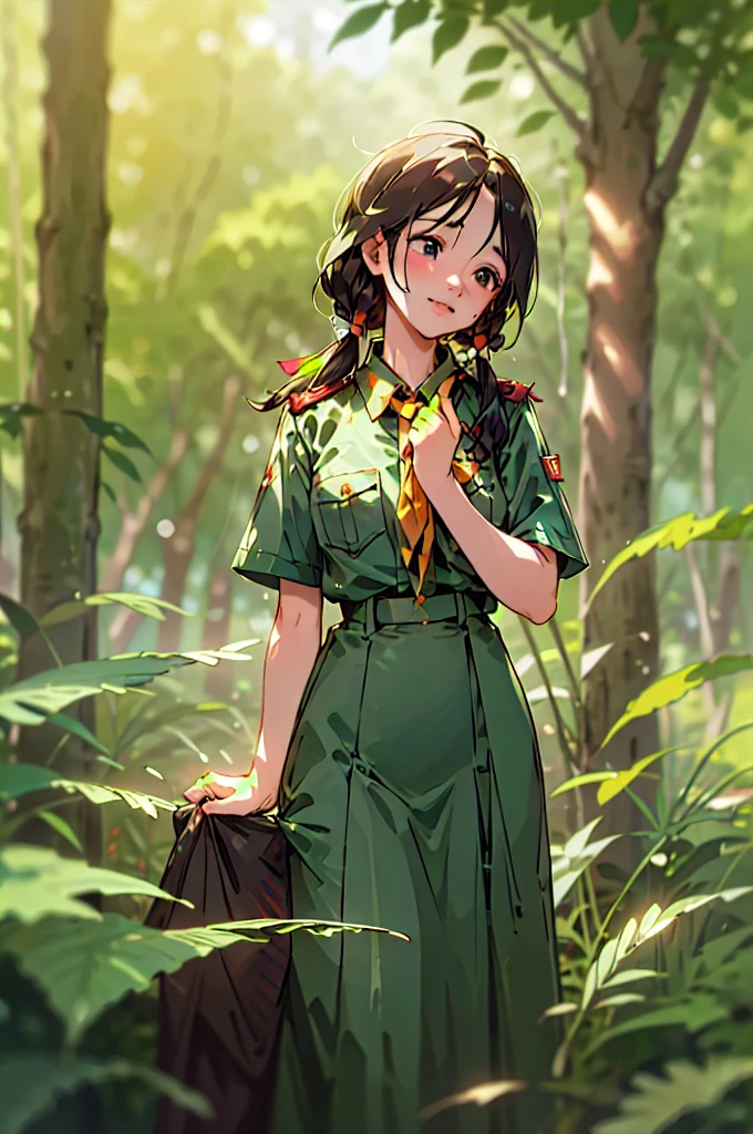 Close-up,  fashion photo shoot Ratana Sunthorn, Wearing Thai clothes_Girl Scouts_Regular , In the lush forest,  3d rendering, CGI, symmetrical,  Octane Render, 35mm., Bokeh, 9:16, ( Exquisite detail :1.12), HDR, ( Exquisite detail , hyperdetailed:1.15), ( natural touch skin , Hyperrealism,  soft light , sharp:1.2)

,