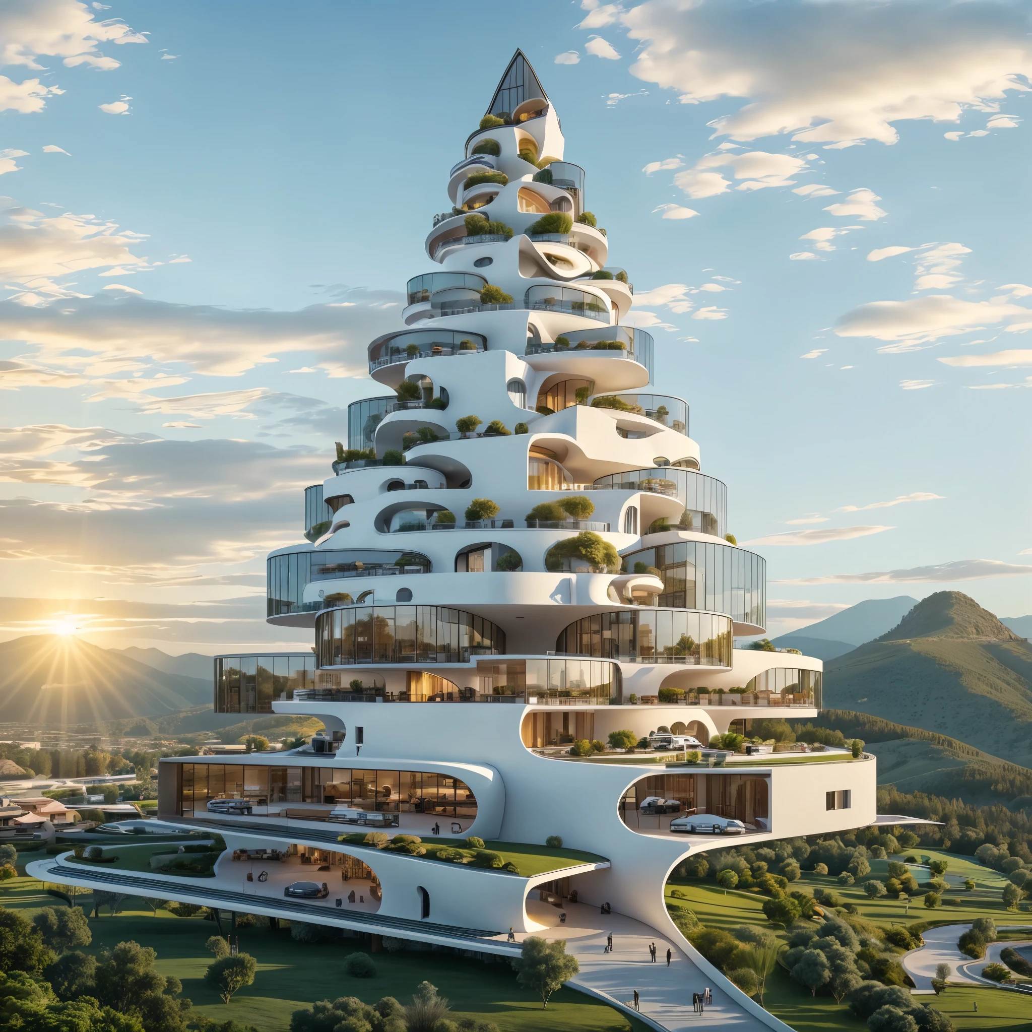 Building design , cars, tree, Hotel design, day light , outstanding, single tall building, blue sky.  City and mountain at the background 