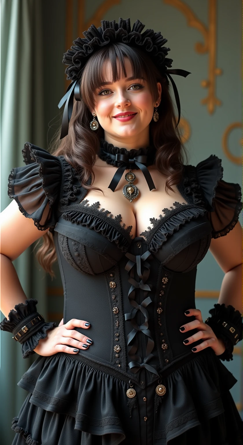 abigail,Masterpiece, best quality, ultra high res, (face focus:1.2), (photorealistic:1.4) , fit, tiny waist, smiling, blushing, pink cheeks, standing, model , tight corset, ( black victorian style dress, beautiful face, makeup:1.4), Chateau de Versailles, France, garden of versailles, flowers, modelshoot style, neutral expression, <lora:Abigail:0.7>