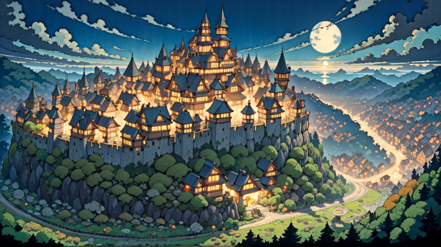 (masterpiece, ultra-detailed, top quality), (cartoon-like illustrations reminiscent of Hayao Miyazaki, Japanese 2D animation, shadows:1.3), distant night view from above, (huge peach moons:1.6), (huge medieval European castle town:1.3).