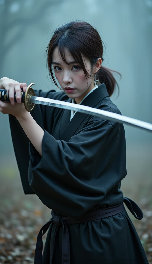 The mysterious slender woman, wearing a black Yukata and hakama, obi,(Musashi Miyamoto) Wielding a long Japan sword, Split with a powerful blow、Wrapped in a fog that blocks visibility, Revealing a vivid and otherworldly scene, The clarity of a sword strike against a blurry background, Mysterious Background, sharp gaze the camera.A mysterious layer of mist covers the foreground, Earrings, Clear Eyes, Exquisite and delicate kimono, Dramatic lighting and colors