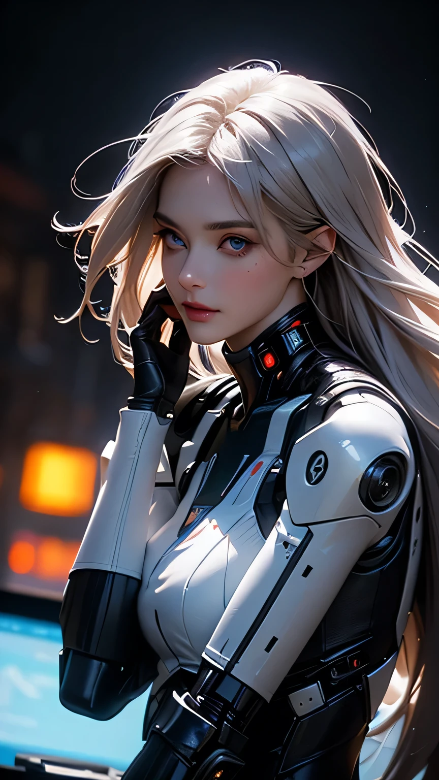 ((Highest quality)), ((masterpiece)), 8K quality, (ultra-detailed), High Resolution Skins:1.3, Realistic skin texture, [full body], slim figure, [smile], close mouth, Natural Makeup, fluffy long hair, Messy Hair, (Looking at Viewer), ((Photograph the upper body from the thighs up)), sharp focus, Bust B cup, Beautiful eyes in every detail, realistic eyes and face details, depth of field, View from the front, platinum blonde hair, green eyes, (She is wearing a white robot suit), (she is flying in space), (the Moon is visible), Hair blowing in the wind, (The robot suit has LED indicators and meters), the mechanical parts and big robot are visible, woman has cybernetic enhancements, glowing neon lines, neon lights, Advanced technology, High-tech products, Beautiful half-Caucasian cyborg girl, Porcelain Cyborg, (full body Mecha cyber armor), A female android combatant from the future, dramatic lighting, Color holographic projection, Reflective surface, ((Shooting at a low angle)), (Delicate light and shadow，The picture is highly dramatic，Cinematic lens effect)，Exceptional detail，The lighting effect is outstanding，(Excellent rendering), A beautiful woman with flawless, textured skin, detailed facial features, high-resolution, photorealistic, sharp focus, vivid colors, physically-based rendering, concept art, digital painting, mech, science fiction,