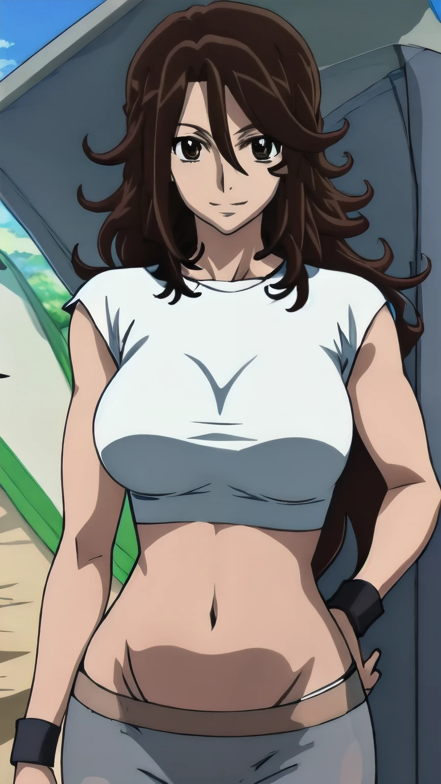 (wide bangs:1.1), (drawing:1.3), (anime style:1.5), (accurate:1.8), ((upper body1.7)), (details:1.8), (motion blur:1.4), ((tall woman:1.1)), (wristband:1.4), (cowboy shot:1.3), (slim arms:1.1),, very high quality, (white skin:1.7), (long hair:1.5), (brown long hair:1.4), (hand on hip:1.3), groin, (anime desert:1.4), (photo realistic:1.4), red eyeshadow:1.2, depth of field, (white crop t-shirt with thong:1.4), (white crop t-shirt with thong:1.4), (skinny arms, slim arms, toned arms, defined arms), (big breasts:1.4), (biceps:1.35), (brown eyes:1.2), (smile:1.4), (happy:1.5), (excited:1.2), (tents:1.7)