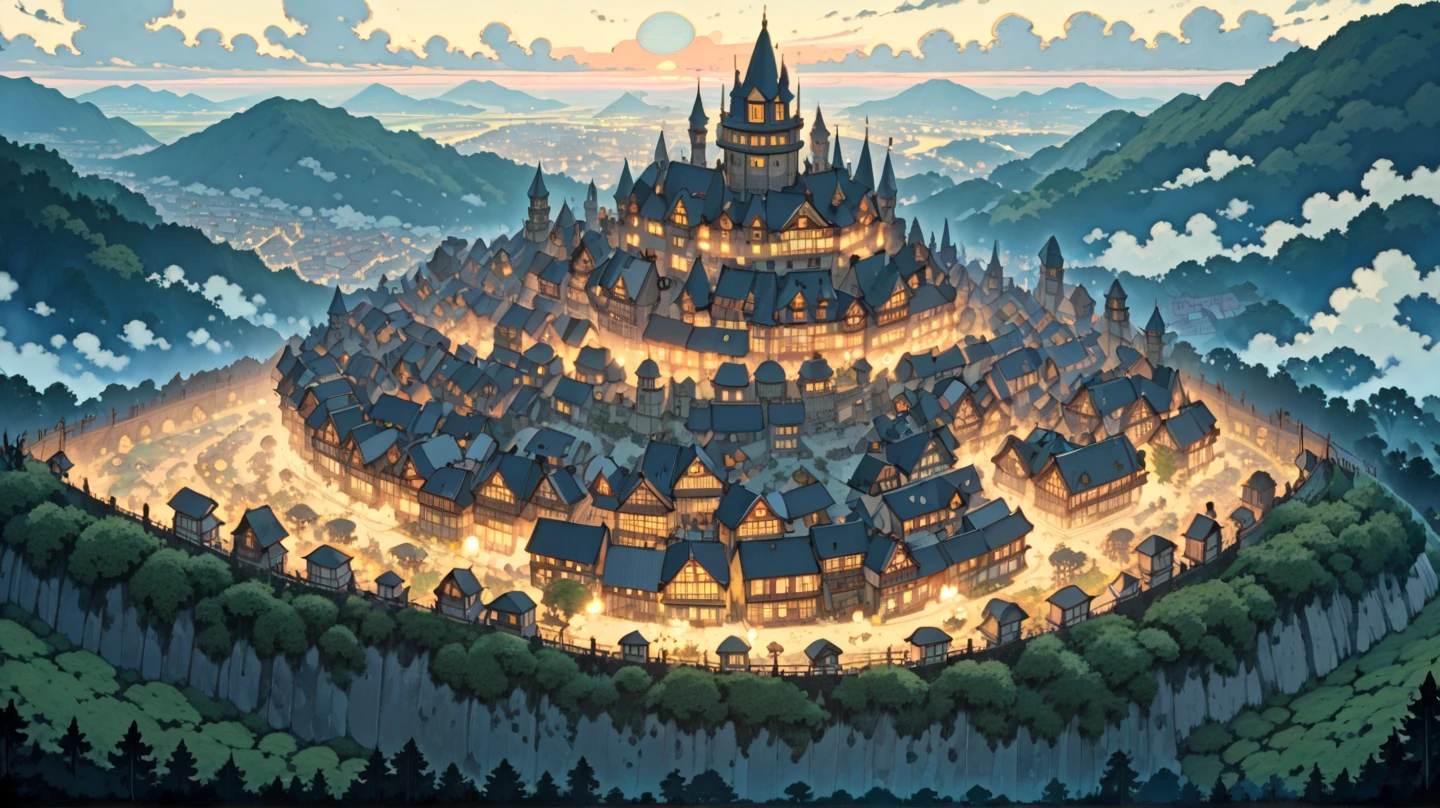 (masterpiece, ultra-detailed, top quality), (cartoon-like illustrations reminiscent of Hayao Miyazaki, Japanese 2D animation, shadows:1.3), distant night view from above, (huge peach moons:1.6), (huge medieval European castle town:1.3).