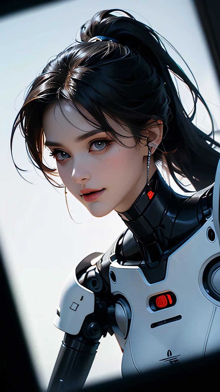 (Realisticity: 1.4), the best illustration, favor details, close-up, a mecha girl with a delicate and beautiful face, ((red and white cyborg body: 1.8)), (mid-chest: 1.2) white skin,