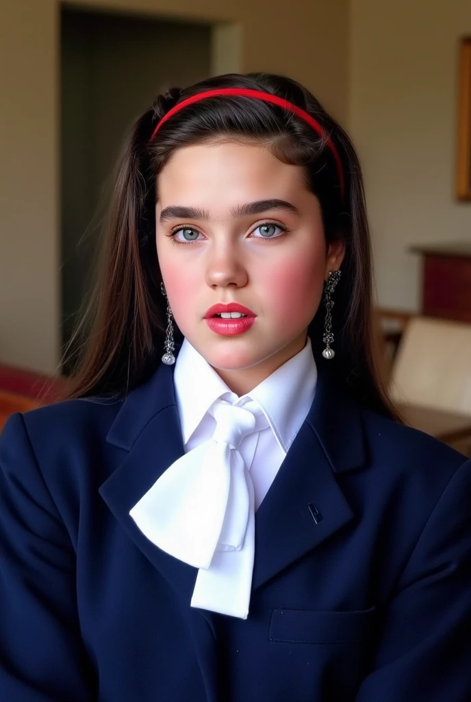 (very realistic photography),(masterpiece, best quality:1.3), 1girl, (alone), front view,
((young Jennifer Connelly)),(at age 15),
she wear in tidy dark blue high school blazer uniform and immaculate blouse with pure white ribbon tie.,
with pretty face,
(She has a vivid red headband in her hair.),
scooped nose arched high with a turned-up tip,
no make up,
moist eyes,
flawless fresh succulent fine smooth fair skin,
with precocious female body with precociously large blreasts and broad wide shoulders, 
Jennifer Connelly's unique and beautiful face is recreated.,
a bit wet shiny long dark hair fluttering,
She is making a naughty face with sticking out her tongue with one eye closed.,
She is in the living room with bright natural light illuminating on her beautiful face.,