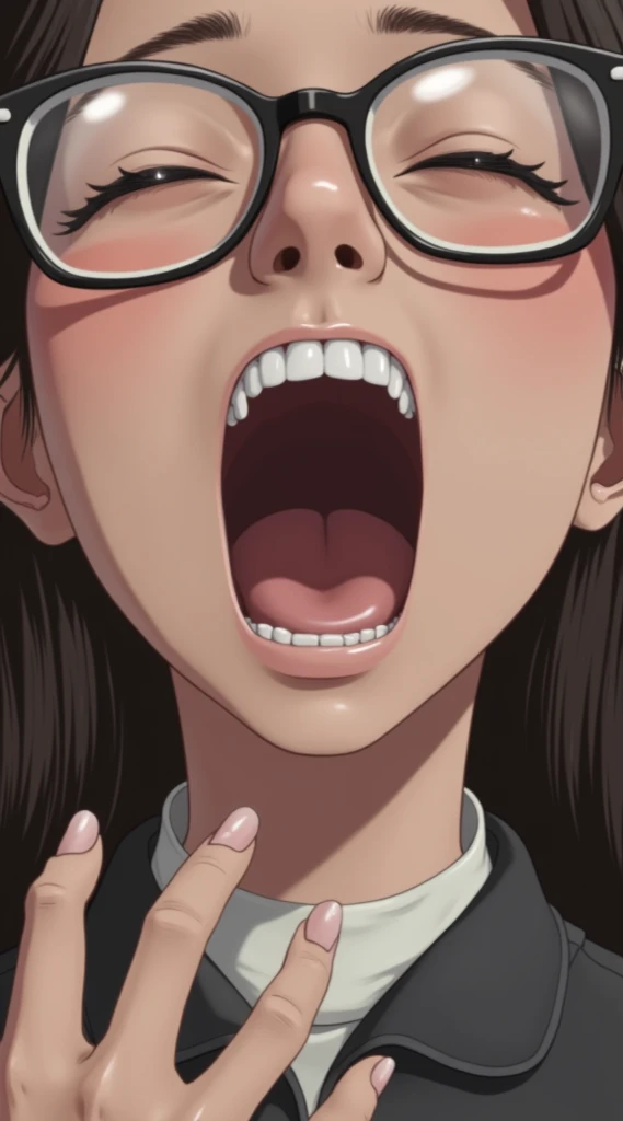 (obra maestra, mejor calidad), 1chica, deslumbrante, face, open mouth, uvula, mouth, tongue, tongue out, nicorobin, long hair, black hair, blue eyes