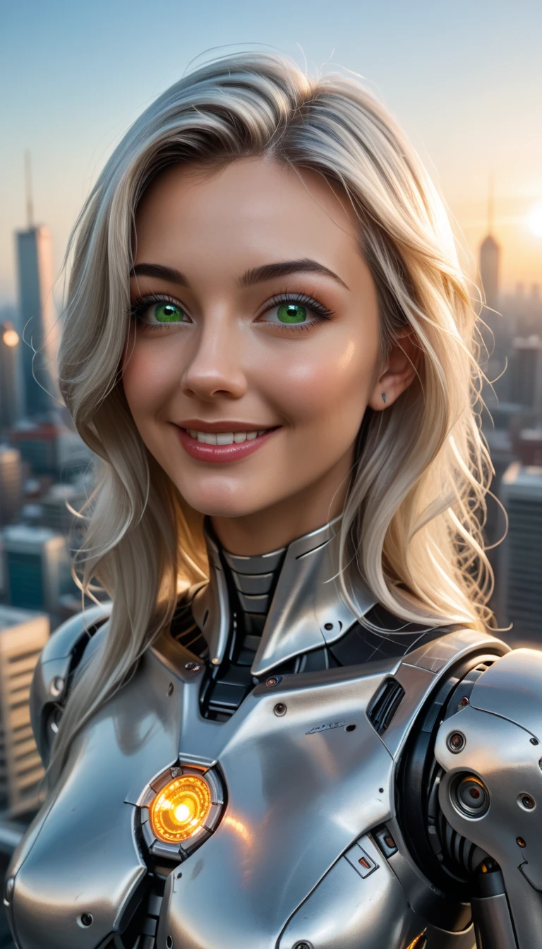 ((Highest quality)), ((masterpiece)), 8K quality, (detailed), High Resolution Skins:1.3, Realistic skin texture, full body, slim figure, (smile), close mouth, Natural Makeup, fluffy short hair, Messy Hair, (Looking at Viewer), ((Photograph the upper body from the thighs up)), sharp focus, Bust B cup, Beautiful eyes in every detail, realistic eyes and face details, depth of field, View from the front, ((platinum blonde semi-long hair)), (beautiful eyes with attention to detail , Beautiful eyelashes, green eyes), (She is Looking down on a fantasy cityscape from the sky:1.5), Hair blowing in the wind, (The robot suit has LED indicators and meters), the mechanical parts and big robot are visible, woman has cybernetic enhancements, glowing neon lines, neon lights, Advanced technology, High-tech products, Beautiful half-Caucasian cyborg girl, cute Cyborg Girl, Beautiful Cyborg Girl, Perfect Robot Girl, Cyborg Girl, Young cyborg woman, beautiful Female Robot, Beautiful robot woman, Cyborg Girl, Perfect cyborg woman, Porcelain Cyborg, Female Robot, Beautiful Cyborg Images, (full body Mecha cyber armor), A female android combatant from the future, dramatic lighting, Color holographic projection, Reflective surface, ((Shooting at a hight angle)),(Delicate light and shadow，The picture is highly dramatic，Cinematic lens effect)，Exceptional detail，The lighting effect is outstanding，(Excellent rendering),