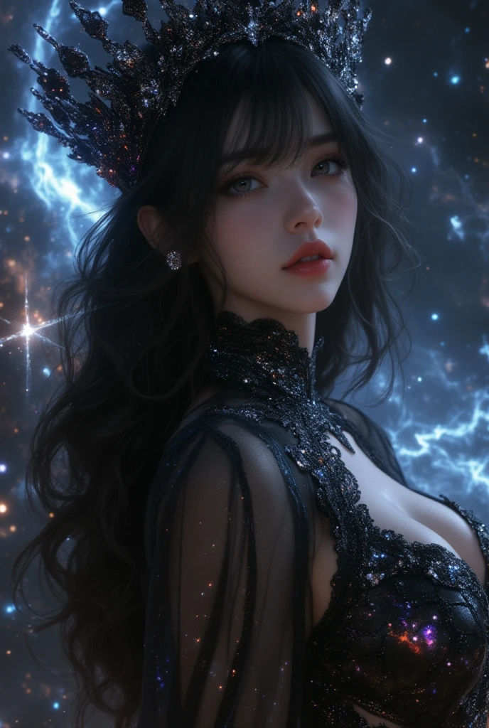  A 19-year-old European and Russian woman with European traits,  with jet black hair that falls in long waves with bangs , azero gray eyes ,  Pale and luminous skin . She wears a dark black Arabic-style dress with diamonds embedded in colors simulating a galaxy in the dress and a matching black crown, she is in the middle of a galaxy floating among the stars that illuminate her, she looks ethereal, bright and dazzling, like a goddess of the sky, quality hd 4k masterpiece . 