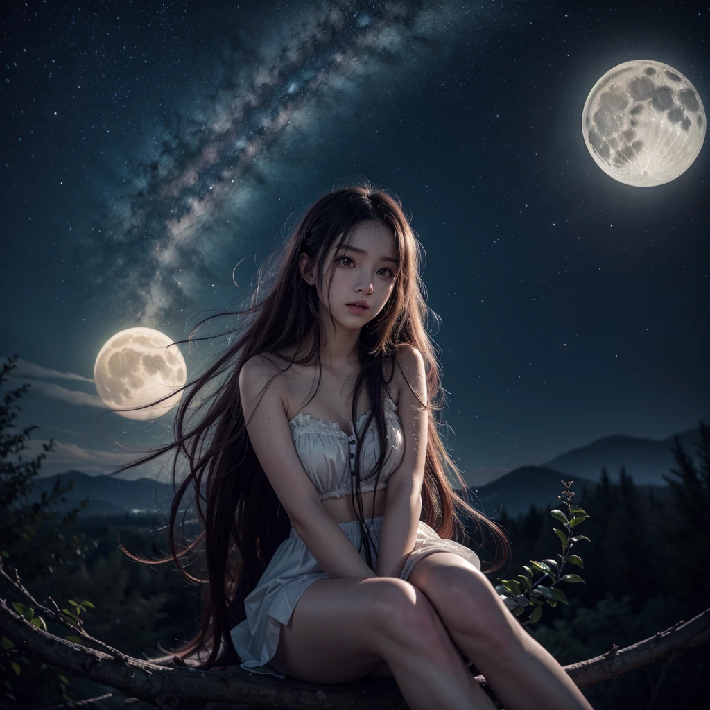 young Noriko Sakai as a white priestess girl. tight dress. spread legs. background moon. sharp focus, natural lighting, subsurface scattering, f2, 35mm, film grain