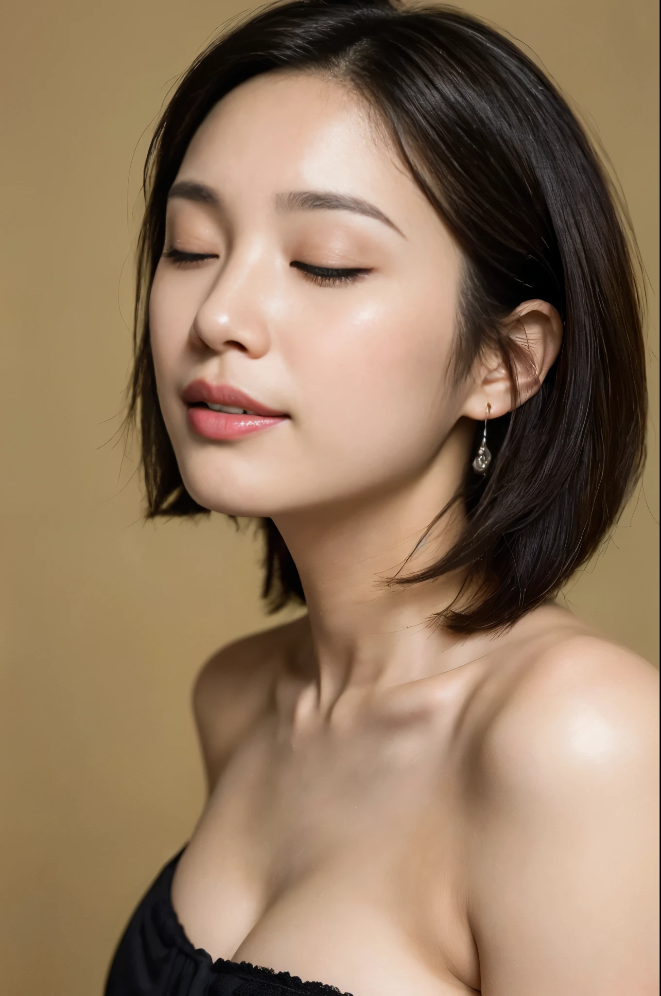 (Best quality, 8k, 32k, Masterpiece, UHD:1.2),Photo of Pretty Japanese woman, large breasts, very short bob hair, upper body, face focus, closing eyes, eyes are closed