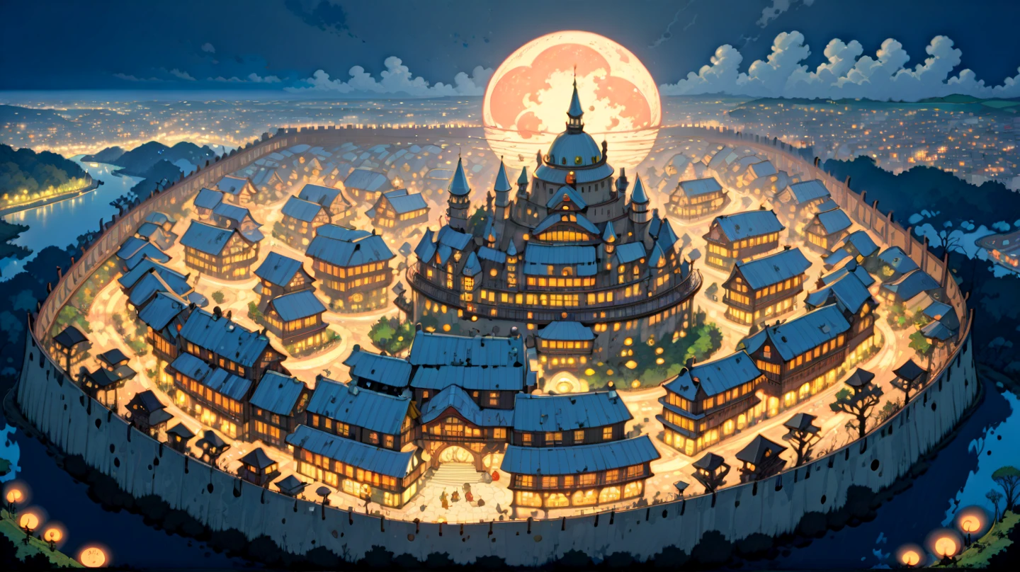 (masterpiece, ultra-detailed, top quality), (cartoon-like illustrations reminiscent of Hayao Miyazaki, Japanese 2D animation, shadows:1.3), distant night view from above, (3 huge peach moons:1.7), (huge medieval European castle town:1.3).