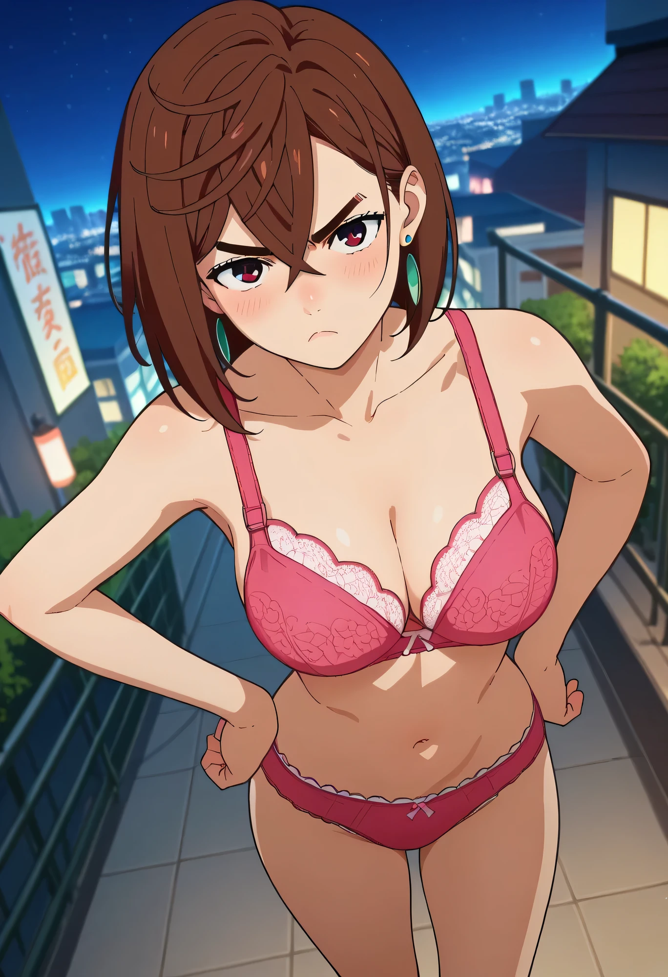 score_9, score_8_up, score_7_up, anime screencap, source_anime, 1girl, solo,
KJOmomo, brown hair, brown eyes, medium hair, hair between eyes,  thick eyebrows, earrings, big breasts, rounded breasts,
pink lace bra, pink lace panties, 
standing, hands on hips, pout, looking at viewer, blush, dutch angle, from above, 
city, night, 
(Beautiful, medium Breasts:1.2),