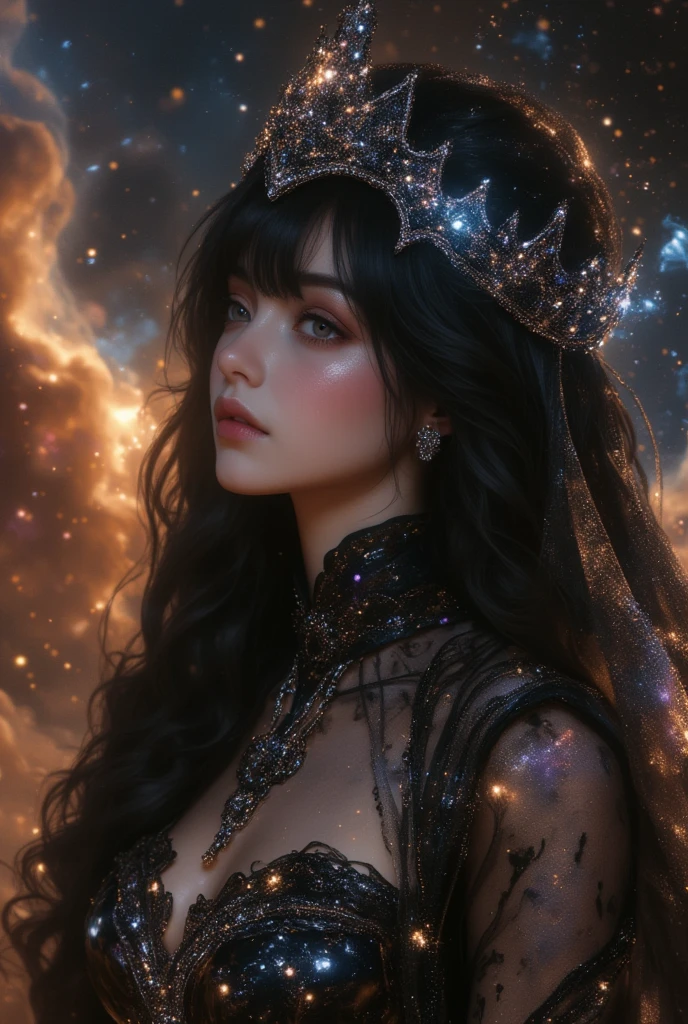  A 19-year-old European and Russian woman with European traits,  with jet black hair that falls in long waves with bangs , azero gray eyes ,  Pale and luminous skin . She wears a dark black Arabic-style dress with diamonds embedded in colors simulating a galaxy in the dress and a matching black crown, she is in the middle of a galaxy floating among the stars that illuminate her, she looks ethereal, bright and dazzling, like a goddess of the sky, quality hd 4k masterpiece . 