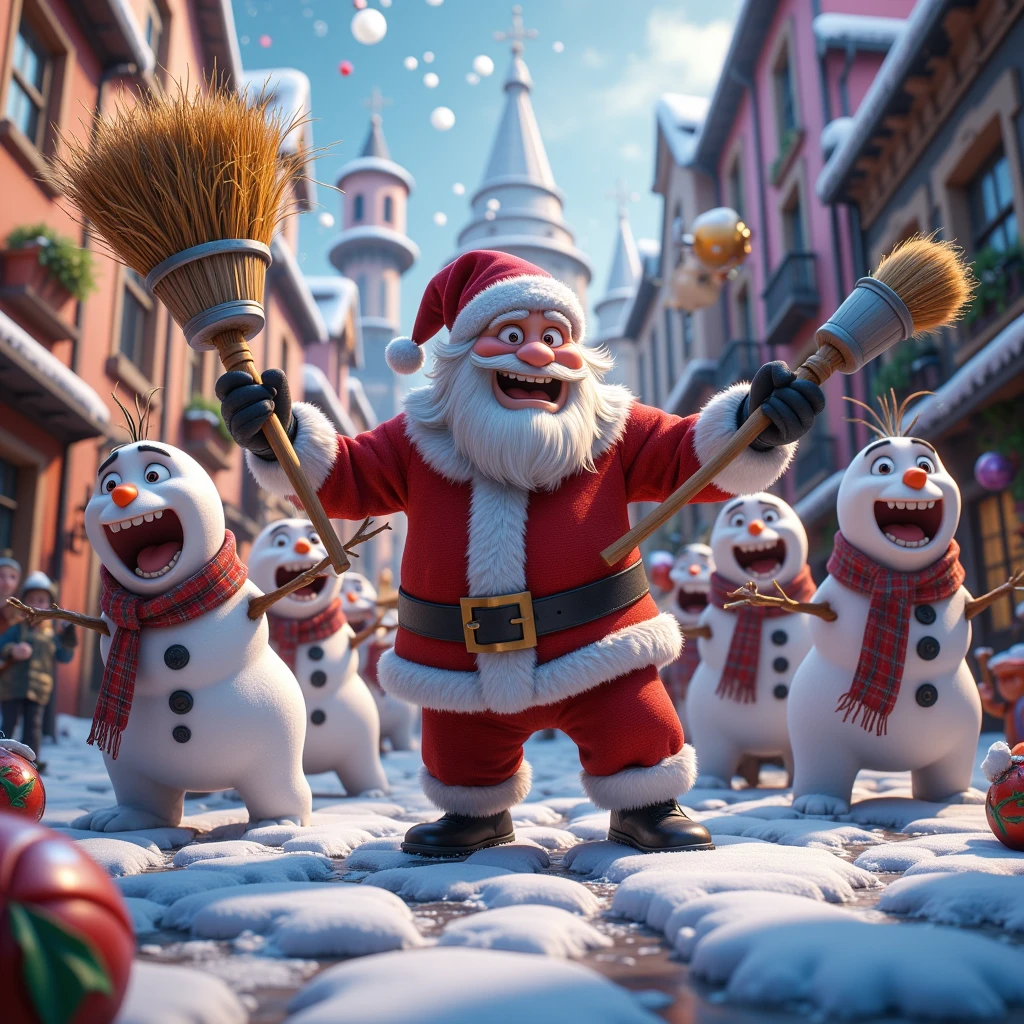 (((humor, funny style , high quality,saturated colors,16k render ,Realistic shadows ,)))  an army of snowmen armed with brooms take over the world under Santa Claus, humor,prank,city, frightened people scatter , snowman soldiers with brooms in their hands ,the angry faces of snowmen , Santa Claus leads the capture of ,зимний city,sparkle of snow,