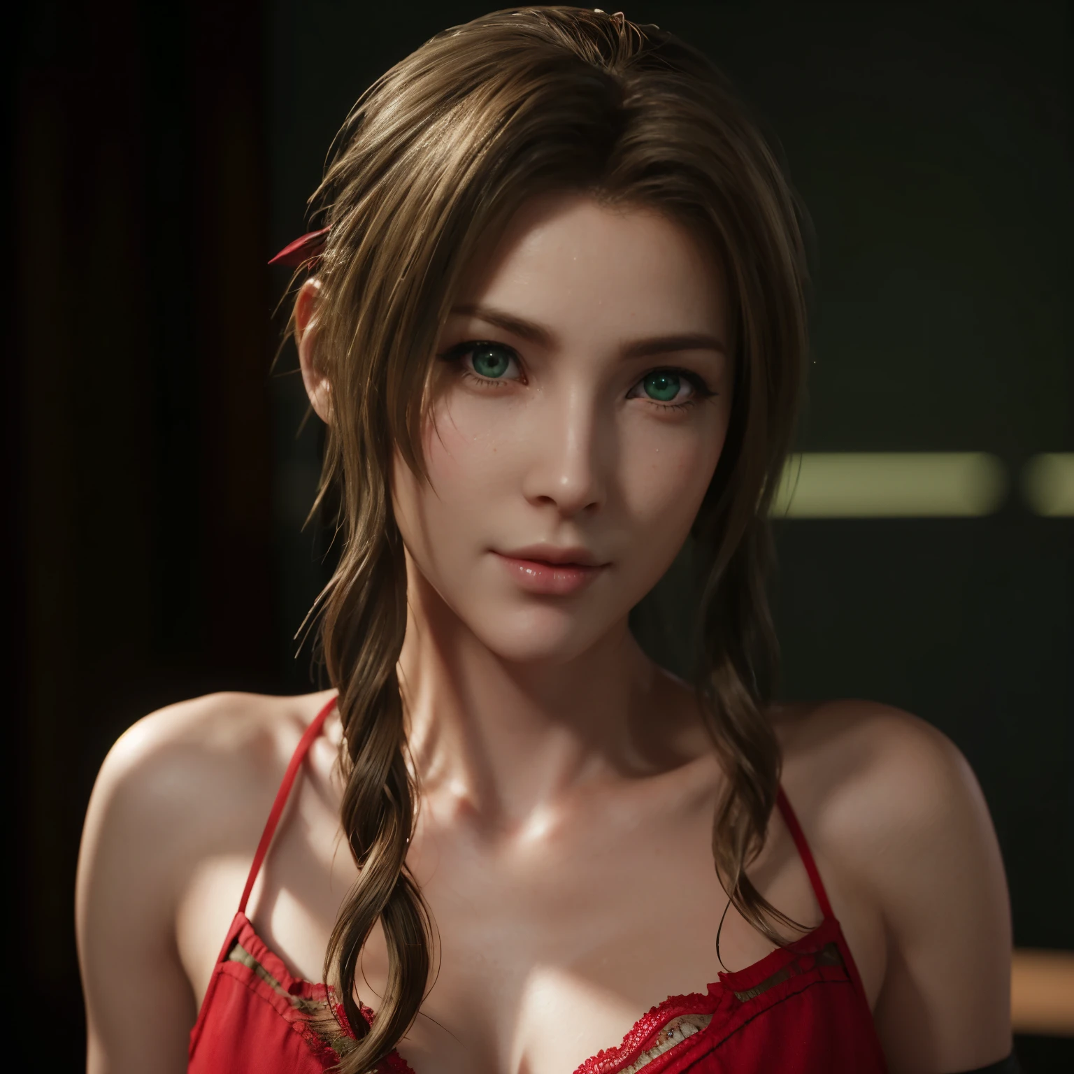 Aerith, green eyes, (best quality, ultra-detailed), (realistic:1.37), beautiful and detailed face, ultra-realistic texture, delicate face, delicate body, red lipstick, bright colors. High definition, 8K.