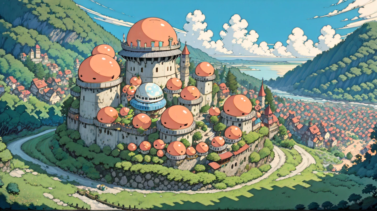 (masterpiece, ultra-detailed, top quality), (cartoon-like illustrations reminiscent of Hayao Miyazaki, Japanese 2D animation, shadows:1.3), distant night view from above, (3 huge peach moons:1.8), (huge medieval European castle town:1.3).