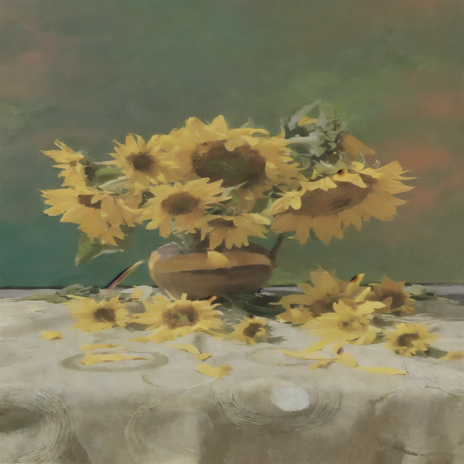 there are a lot of sunflower in a vase on a table, sunflower, color : yellow sunflower, color: yellow sunflower, Realistic oil painting, , crystallic sunflower, sunflower花, Oil painting photo real , sunflower in the background, photoRealistic oil painting,  oil painting style , author：德奇科·乌祖诺夫, Realistic oil painting