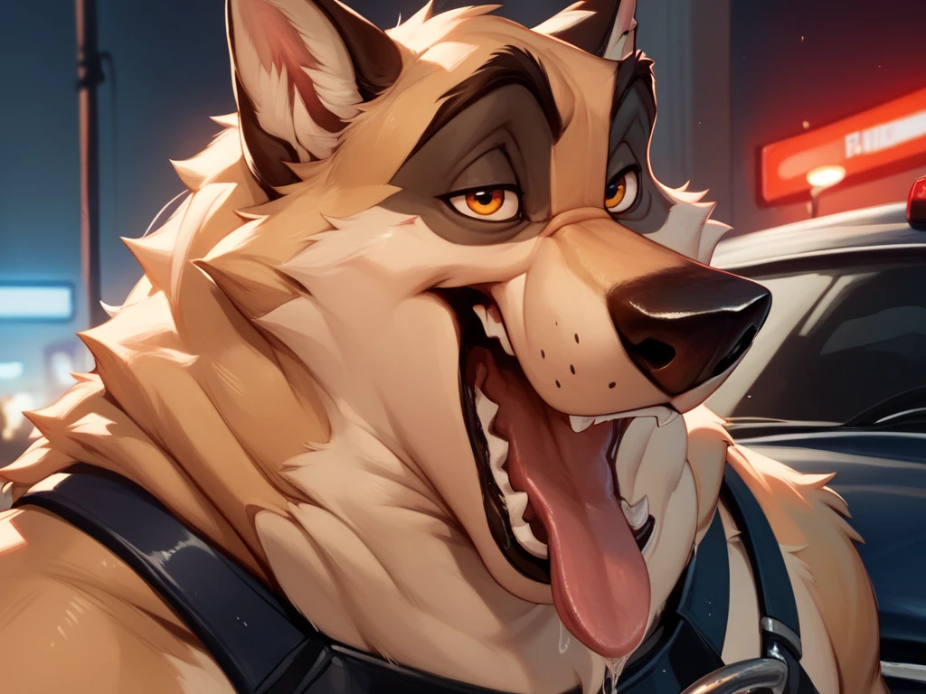 score_9, score_8_up, score_7_up, score_6_up, wolf, open mouth, tongue, focus, furry, German shepherd, furry, very long body fur, wearing a black police dog harness, Tongue, police car in the background, evil smile