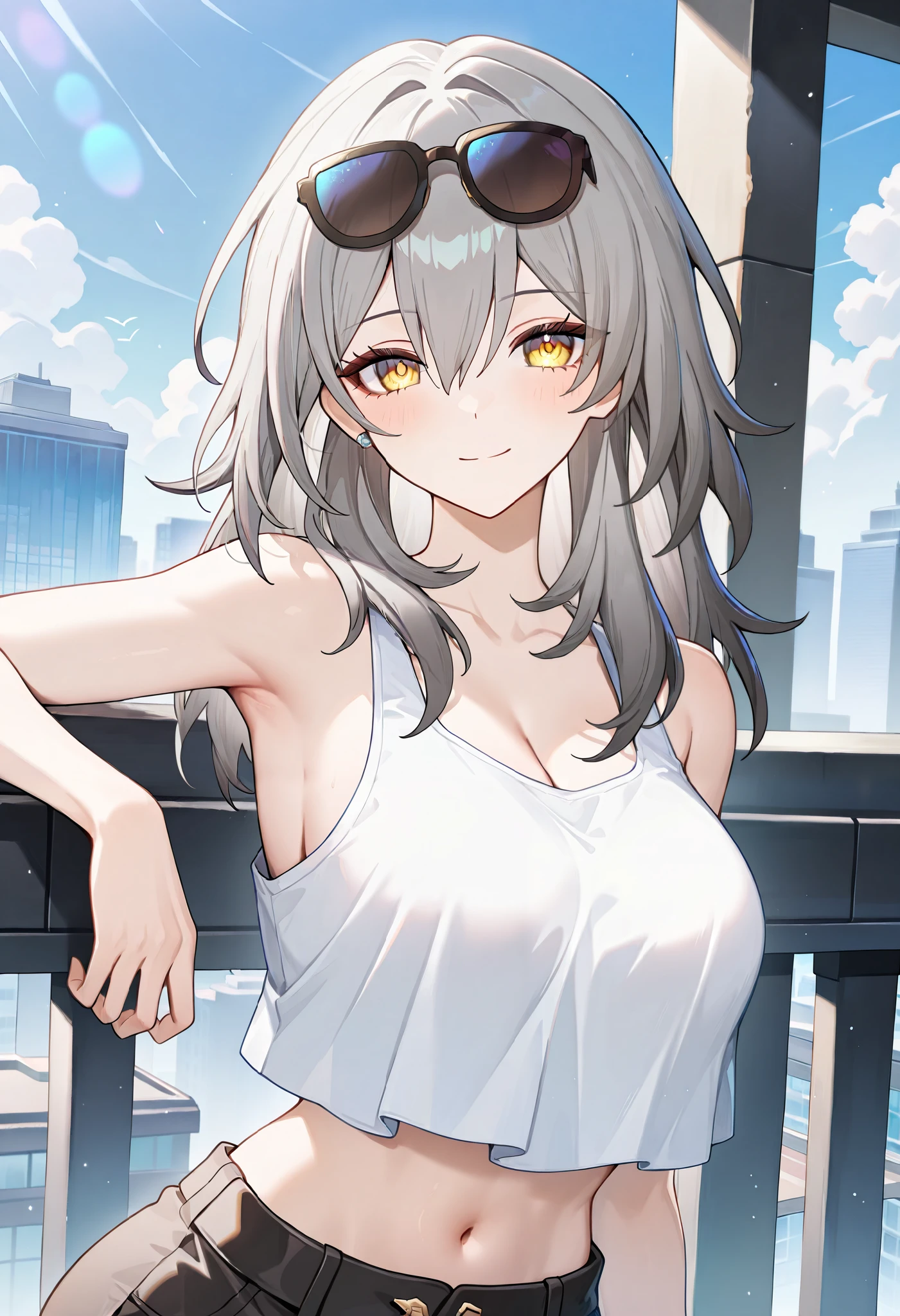 1girl, stelle\(honkai:star rail), honkai: star rail. An illustration of a girl with grey hair and yellow eyes. She is wearing a white tank top and shorts. upper body, alternate costume, eyewear on head, sunglasses, tank top, crop top overhang, city, bloom, masterpiece, best quality, very aesthetic, absurdres