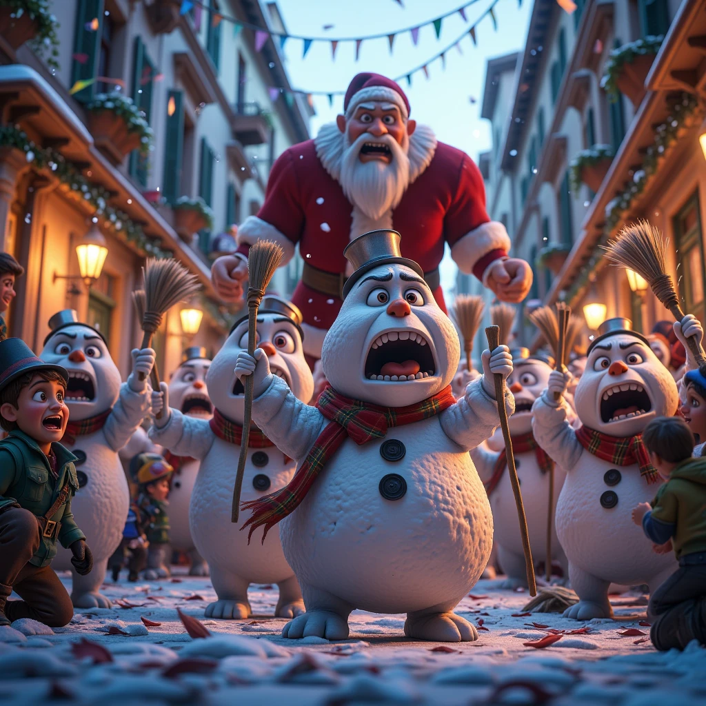 (((humor, funny style , high quality,saturated colors,16k render ,Realistic shadows ,)))  an army of snowmen armed with brooms take over the world under Santa Claus, humor,prank,city, frightened people scatter , snowman soldiers with brooms in their hands ,the angry faces of snowmen , Santa Claus leads the capture of ,зимний city,sparkle of snow,