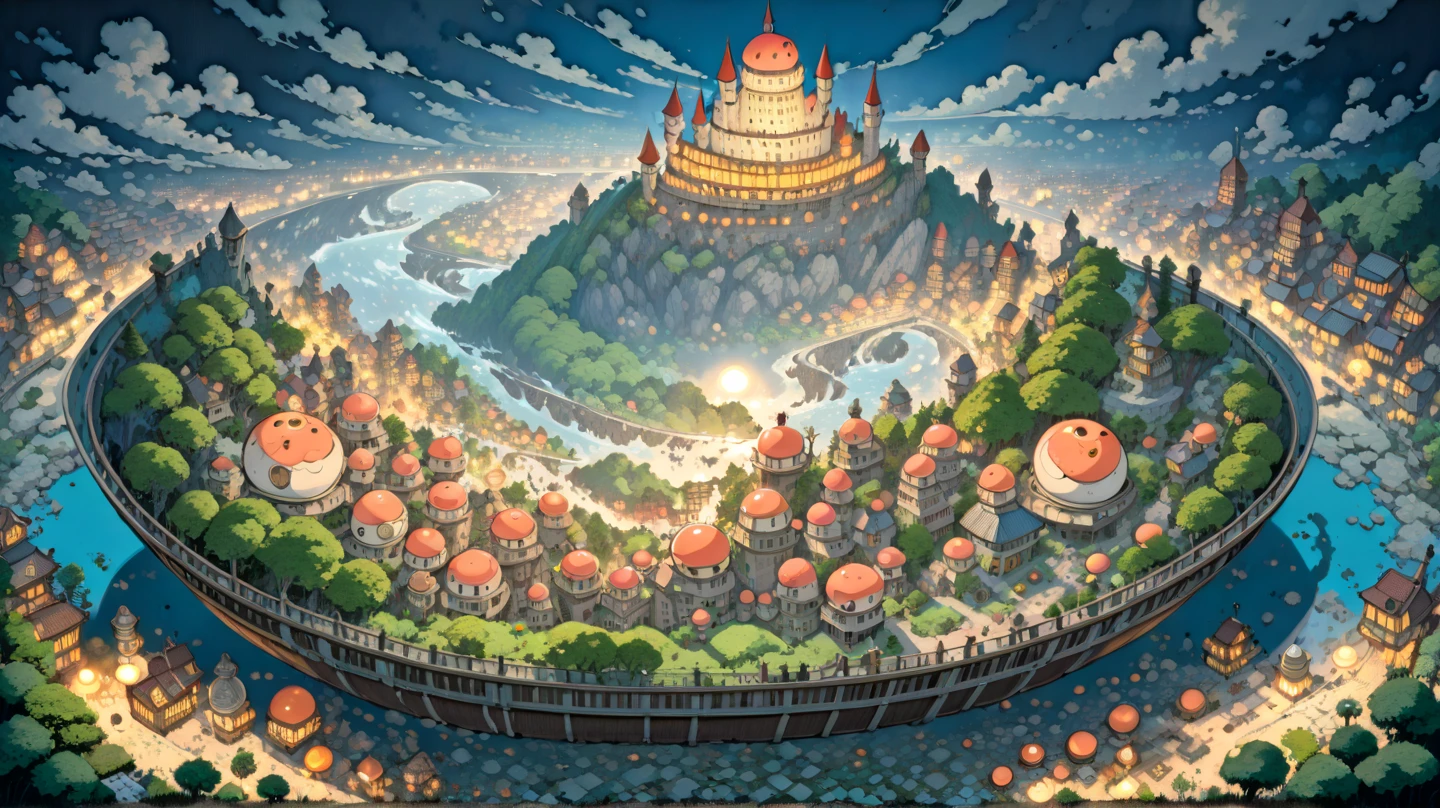 (masterpiece, ultra-detailed, top quality), (cartoon-like illustrations reminiscent of Hayao Miyazaki, Japanese 2D animation, shadows:1.3), distant night view from above, (3 huge peach moons:1.7), (huge medieval European castle town:1.3).