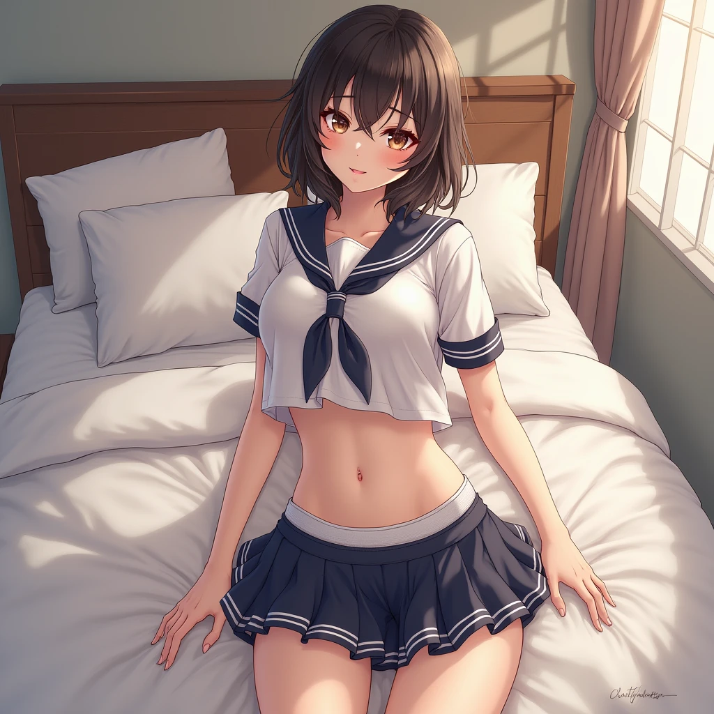 ((masterpiece,best quality)), highres, extremely detailed 8K wallpaper, depth_of_field, best shadow, (Colorful),(Delicate eyes and face), nice hand, Perfect hands, volumatic light, Ray tracing, BREAK
(1girl in), mogami \(kancolle\), black hair, short hair, black eyes / green eyes, swept bangs, small breasts, slender, skinny, open mouth, smile, blush, BREAK,
(wear white school uniform top:1.3), (sailor collar:1.5), (red tie:1.3), (Parted clothes at the top and bottom:1.2), (short sleeves:1.1), (white string panty:1.3), bare navel, (black lace stockings:1.2), High heels, BREAK,
Cowboy Shots, Looking at Viewer, stomach focus, bedroom, Ultra detailed backgrounds,