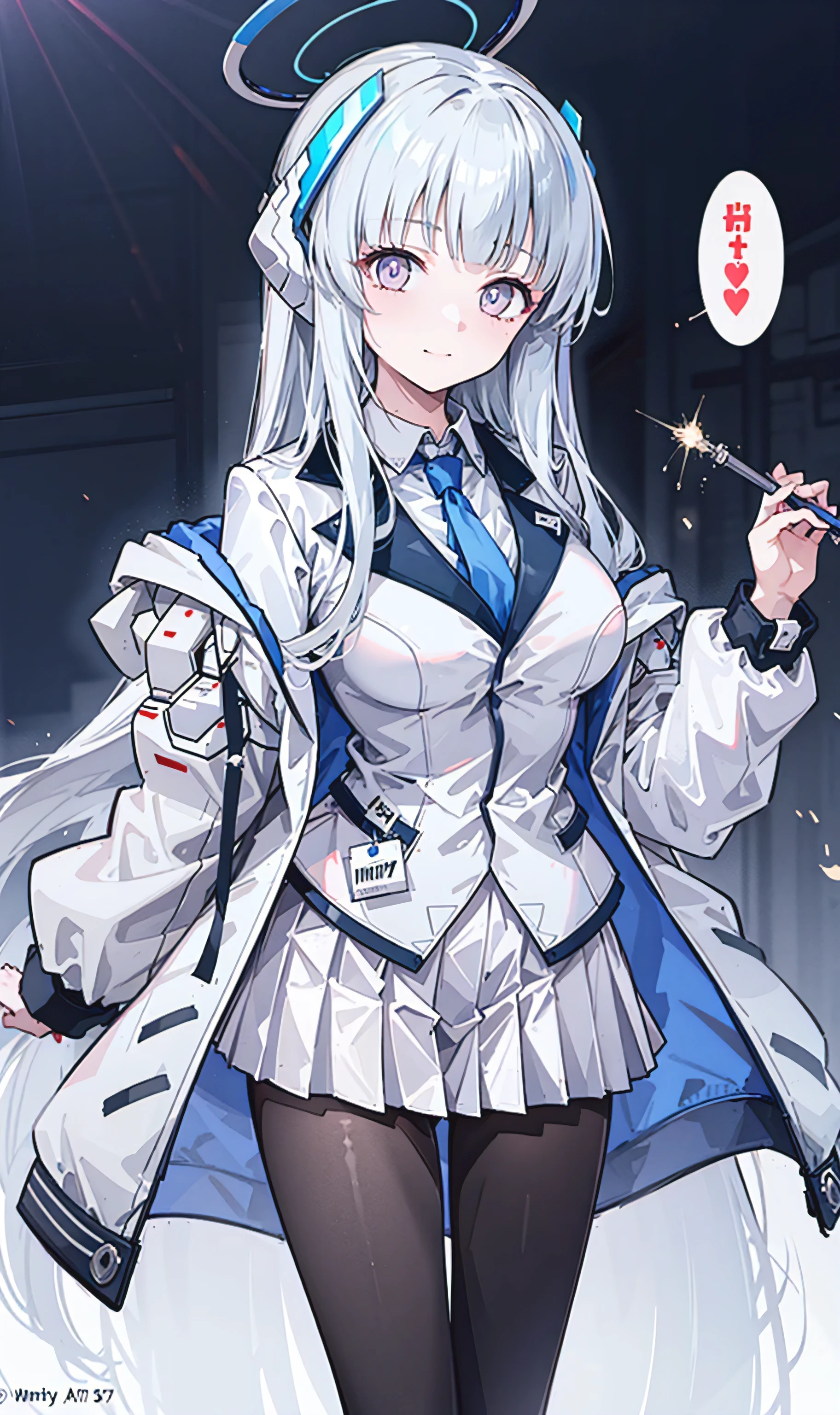 (Exquisite Tidal Noa), 8K,  ultra high resolution, (masterpiece:1.2), (,   delicate and beautiful eyes  ), Extremely subtle, , Real light and shadow, permanent, Natural Movement, rest (Blue tie,   white shirt  ,   Strapless, White jacket, Open-front jacket, Long sleeve,   white dress , Pleated Skirt,   black pantyhose),   Mechanical housing，arms，floating，In battle，