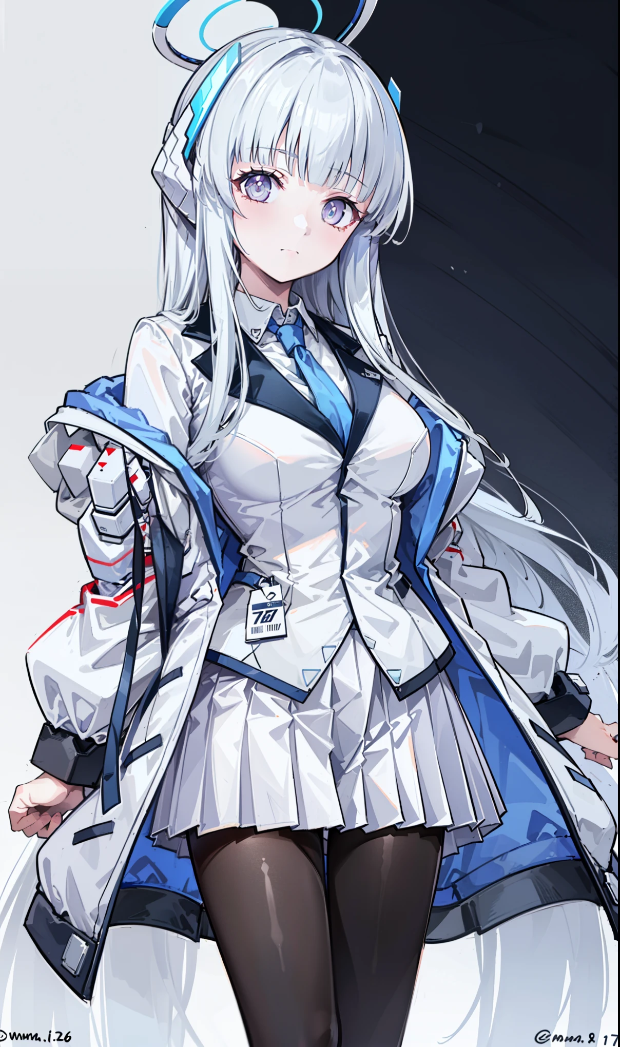 (Exquisite Tidal Noa), 8K,  super high resolution, (masterpiece:1.2), (,   delicate and beautiful eyes  ), Extremely subtle, , Real light and shadow, permanent, Natural Movement, rest (Blue tie,   white shirt  ,   Strapless, White jacket, Open-front jacket, Long sleeve,   white dress  , Pleated Skirt,   black stockings ),   Mechanical housing，arms，floating，In battle，