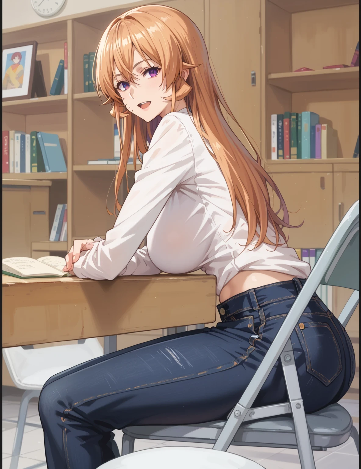 Close mouth, Mature female, fit girl, score_9, score_8_up, score_7_up, score_6_up, score_5_up, score_4_up, BREAK source_anime,1girl,erina nakiri, long hair, orange hair, hair between eyes,purple eyes,huge breasts, breasts, breasts,,1girl, solo, pants, long_hair, sitting, breasts, looking_at_viewer, shirt, indoors, chair, white_shirt, denim, brown_hair, brown_eyes, jeans, black_pants, long_sleeves, smile, large_breasts, open_mouth, black_border, book, from_side, border, mole, bookshelf, jewelry