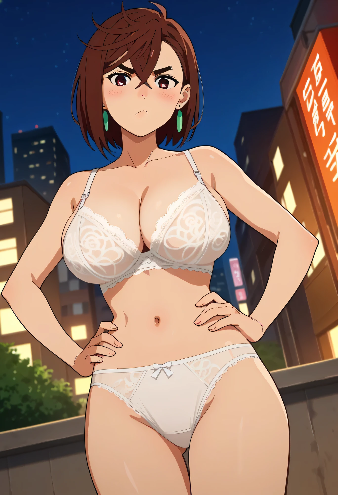 score_9, score_8_up, score_7_up, anime screencap, source_anime, 1girl, solo, KJOmomo, brown hair, brown eyes, medium hair, hair between eyes, thick eyebrows, earrings, big breasts, rounded breasts, white lace bra, white lace panties, standing, hands on hips, pout, looking at viewer, blush, dutch angle, city, night, 