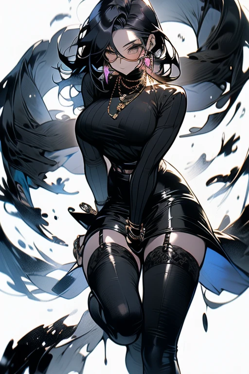 A sexy women dark knight with a grim reaper-inspired sexy outfit, long flowing black hair, and piercing blue eyes