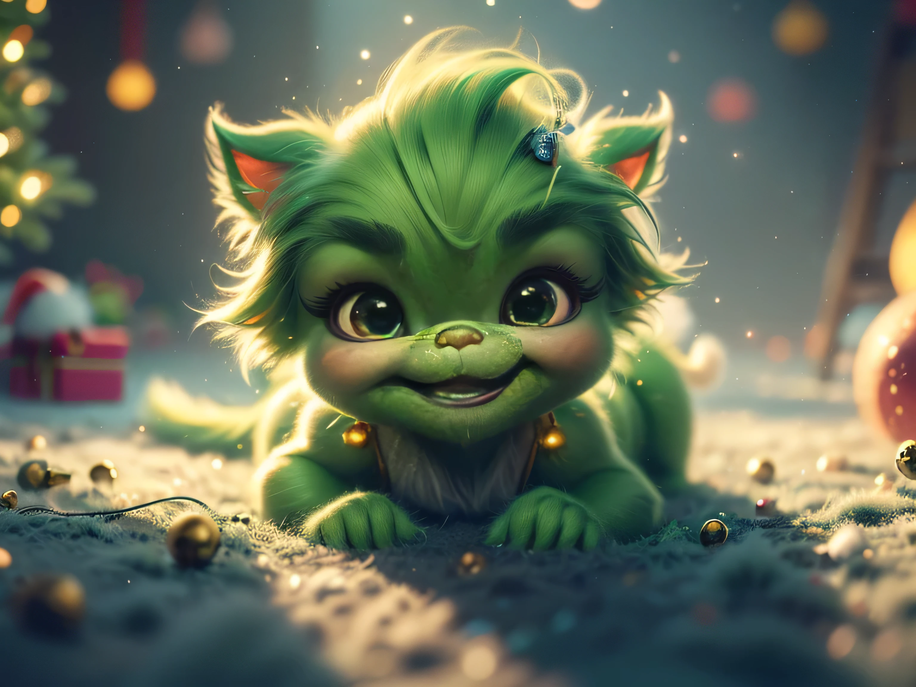 (Best Quality, Super Detail, Masterpiece, Representative Work, Official Art, Professional, Super High Detail, 8k:1.3), (Full Body) Very cute  Grinch crawling around with other babynches, they all have Santa outfits on, one has a sign saying Where is Santa. Hyperrealistic, splash art, concept art, mid shot, intricately detailed, color depth, vivid colors, dramatic, 2/3 face angle, side light, colorful background. Xmas lights in background and Xmas tree. Christmas theme, blurred background, fantasy, Gouves style artwork, realism: 1.37, (super fine fantasy art), masterpiece, high quality design and accurate physics (super accurate fantasy style)) art, dark fantasy style)), super accurate design and accurate physics), color, depth of field, shadows, ray tracing, (accurate simulation of the interaction of light and materials)], intricate Christmas decorations, glowing garlands, sparkling decoration, natural light, soft background, photorealistic, sparkling eyes, sharp focus, glowing skin, cute and mischievous look, hint of mischief, dreamy atmosphere, Super glossy effect, delicate details, soft ambient light, (Backlight:1.3), (Cinematic:1.2), intricate details, (ArtStation:1.3)