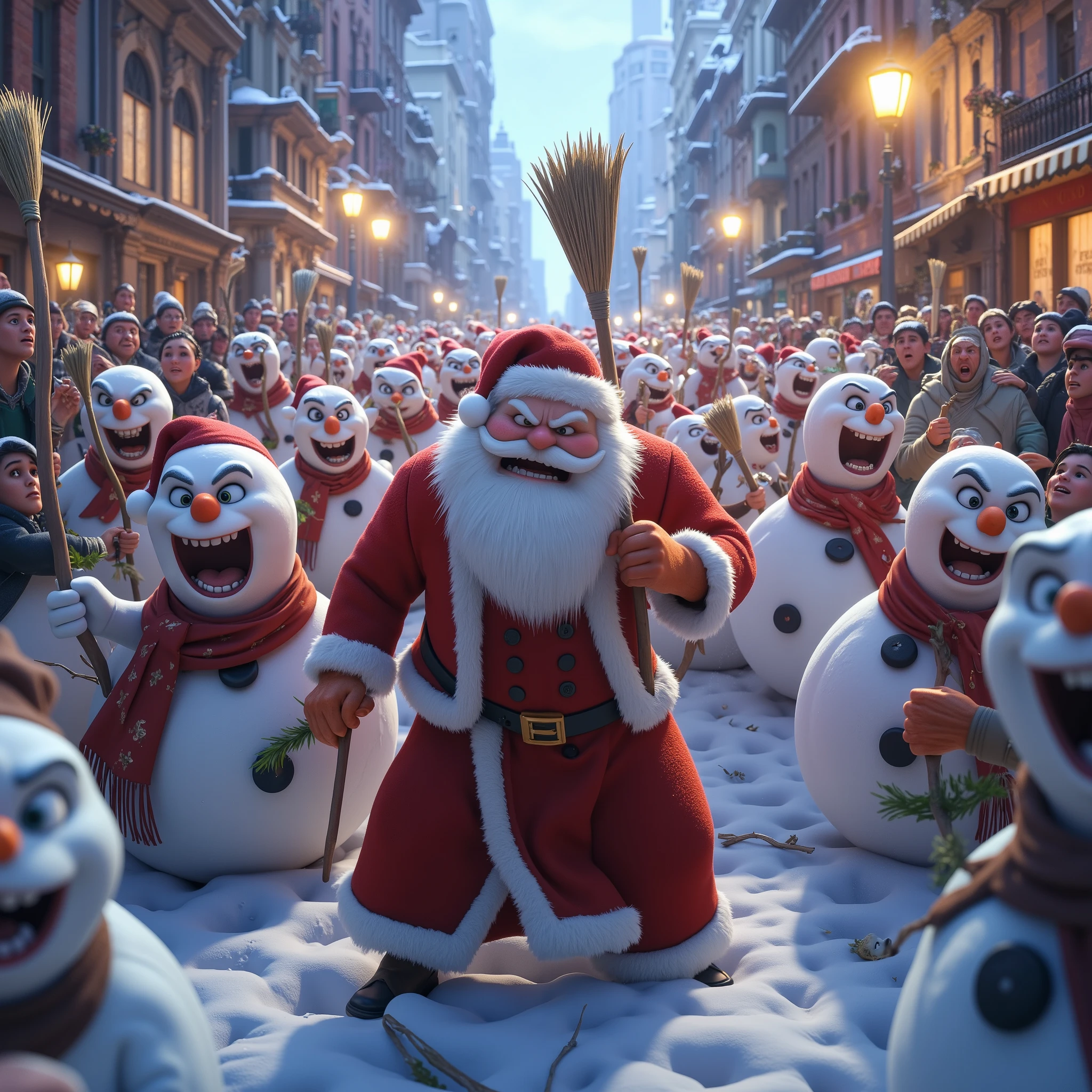 (((humor, funny style , high quality,saturated colors,16k render ,Realistic shadows ,)))  an army of snowmen armed with brooms take over the world under Santa Claus, humor,prank,city, frightened people scatter , snowman soldiers with brooms in their hands ,the angry faces of snowmen , Santa Claus leads the capture of ,зимний city,sparkle of snow,