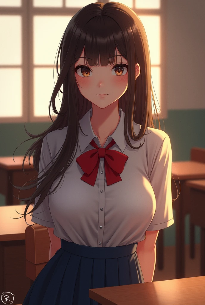 highest quality、one beautiful woman、beautiful big breasted woman:1.5、straight hair woman、high school girl、(brown haired woman:1.3)、(A woman wearing a white collared shirt:1.6)、(A woman wearing a red and black plaid miniskirt:1.3)、woman wearing a red tie、School、classroom、woman sitting on a chair、night、big smile、illuminated by moonlight