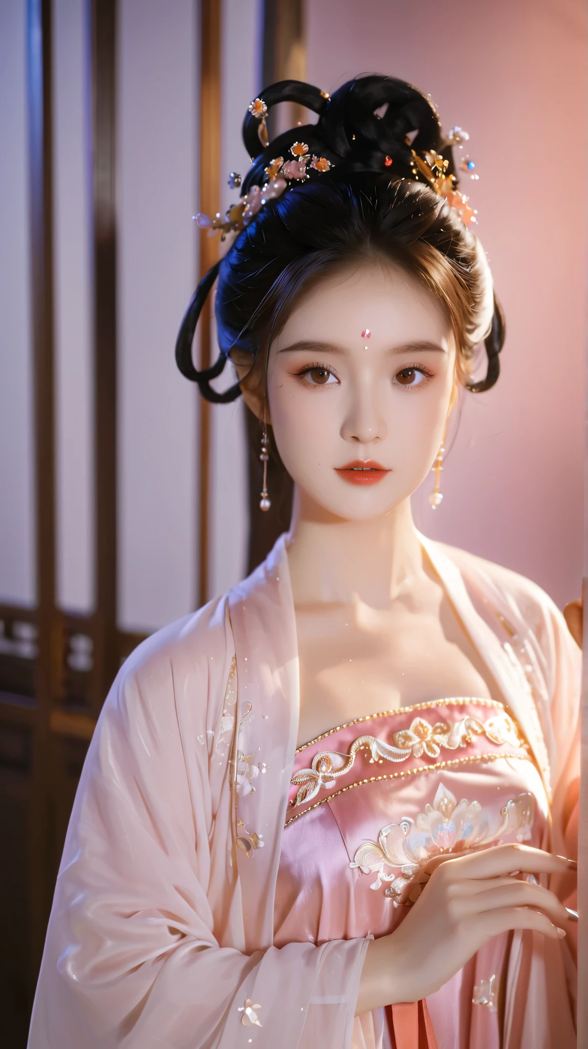  are of the best quality, masterpiece,  high resolution,  1 girl,pink Chinese robe, Hair accessories, necklace, Jewelry,  pretty face ,  body,  Tyndell effect, Practical, Shadow Studio, Edge lighting, Bicolor Light , ( high detail skin: 1.2), 8K UHD, SLR camera, Soft Light,  in high quality , Volumetric Light, , photo,  high resolution, 4K, 8K,  background blur,