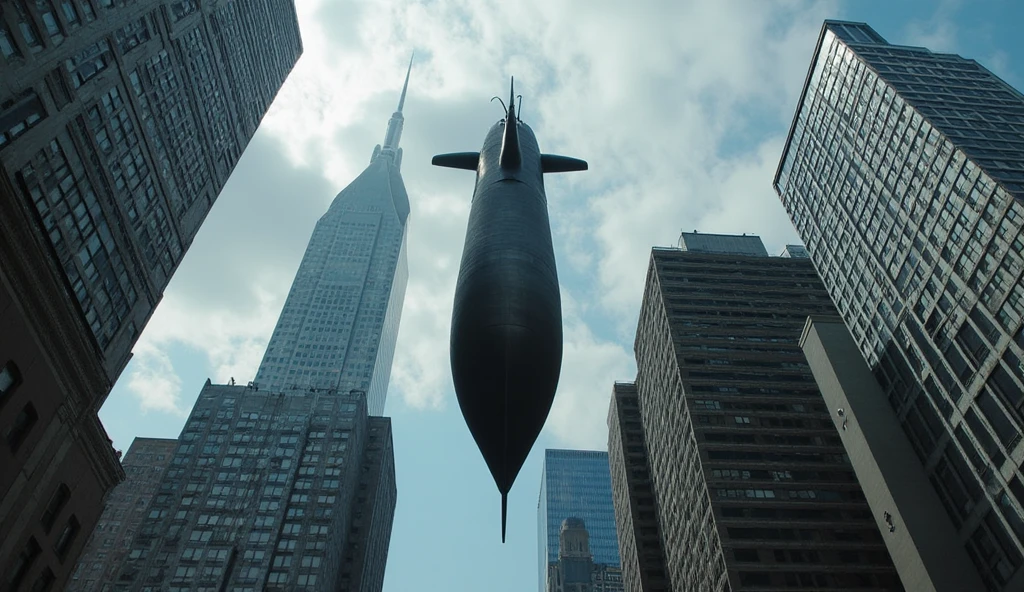 High definition image. 16K resolution. Extremely realistic. The smallest details are visible. High in the sky above the skyscrapers of New York, a submarine from the Second World War flies. The shooting point is from below.