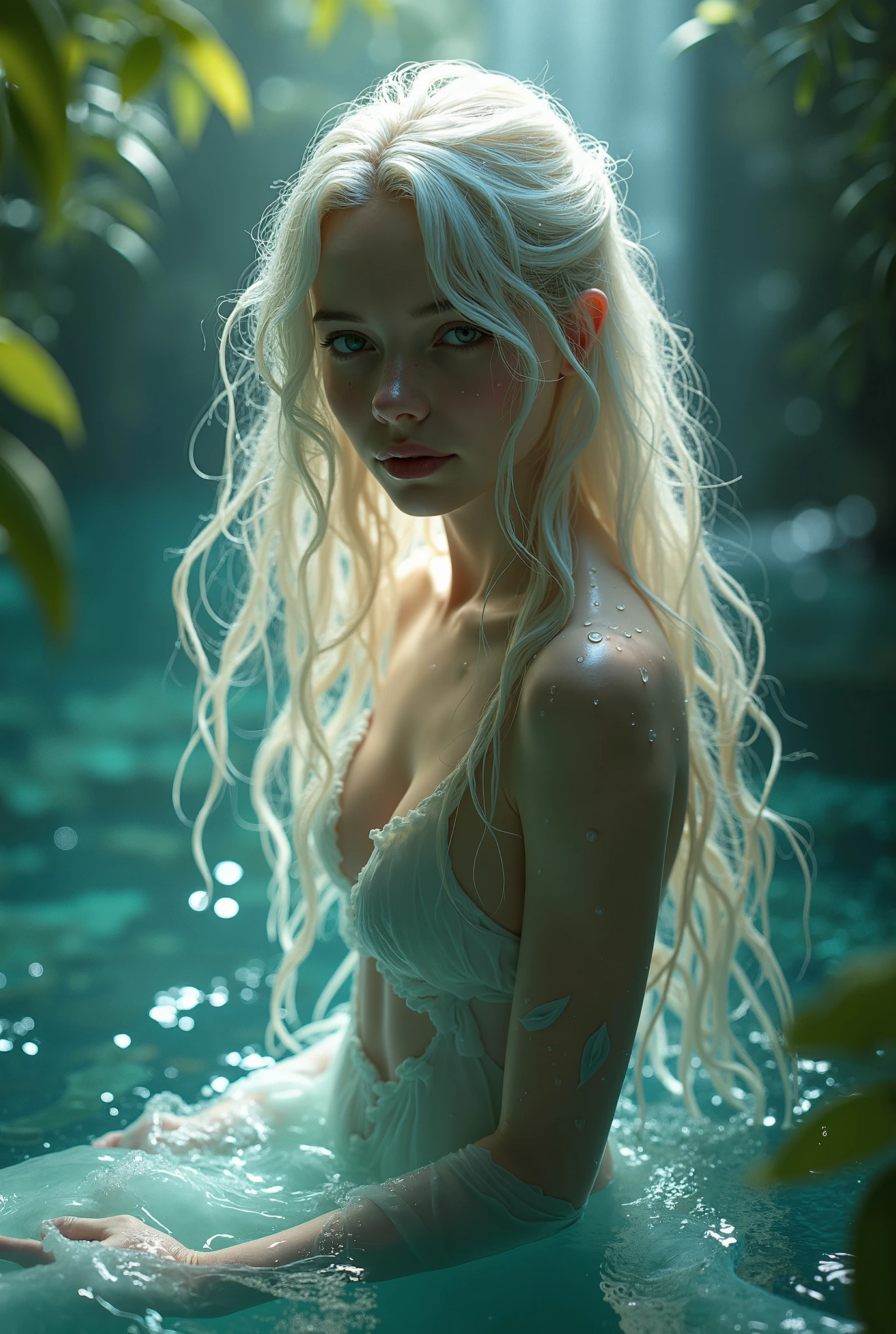 A girl with long white hair wearing a look that reminds me of a swamp monster,I want her coming out of the swamp water ,I want her sexy and posing
