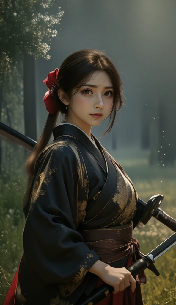 The mysterious slender woman, wearing a black Yukata and hakama, obi,(Musashi Miyamoto) Wielding a long Japan sword, Split with a powerful blow、Wrapped in a fog that blocks visibility, Revealing a vivid and otherworldly scene, The clarity of a sword strike against a blurry background, Mysterious Background, sharp gaze the camera.A mysterious layer of mist covers the foreground, Earrings, Clear Eyes, Exquisite and delicate kimono, Dramatic lighting and colors