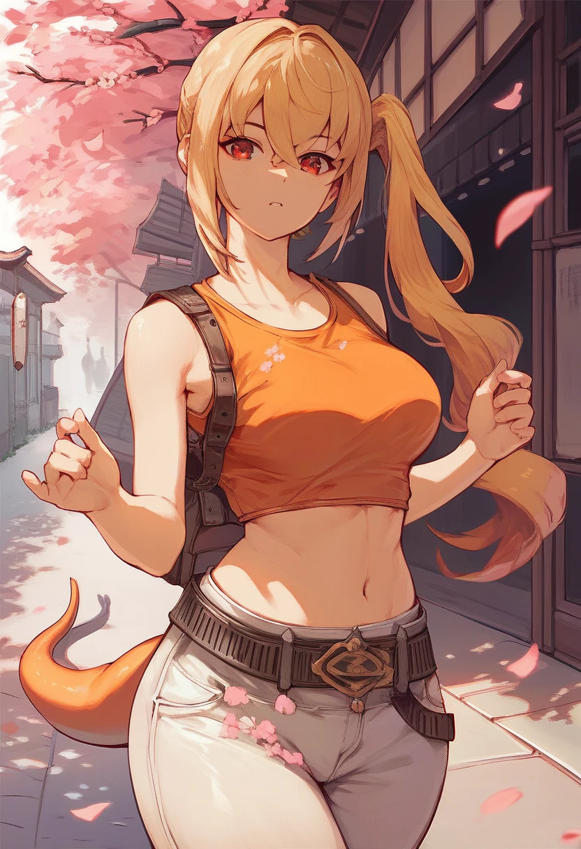 score_9, score_8_up, score_7_up, score_6_up, score_5_up, score_4_up, BREAK source_anime, 1girl, solo, outdoors, street, cherry blossom, cowboy shot, looking at viewer, lucy, red eyes, blonde hair, side ponytail, midriff, back pants, belt, navel l, Orange crop top,  busty, wide hips, big butt, whaletail