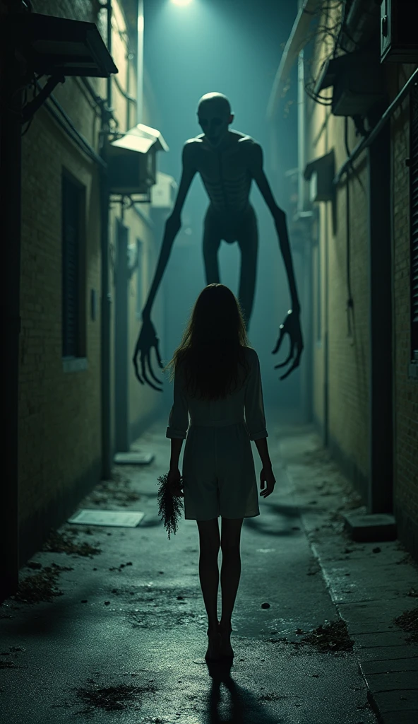 A terrified woman in a dead end and an alien wanting to abduct her