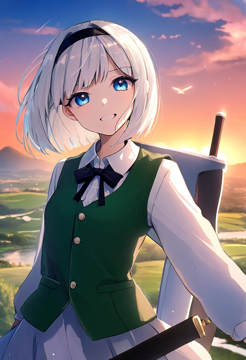 Konpaku Youmu、youmu、 1 girl、 cute、White hair bob cut、 blue eyes、 white long sleeve shirt、 Green Vest and Skirt 、 Black Ribbon Around Her Collar 、black slightly larger ribbon on a black headband、 Serious Girl with a Sword Scabbard 、Sunset background、 Perfect Face 、 Masterpiece、 top quality、Fantastic sky、beautiful、 I laugh shyly 、close、Beautiful and shining eyes、Looks kind、 calm、Modest