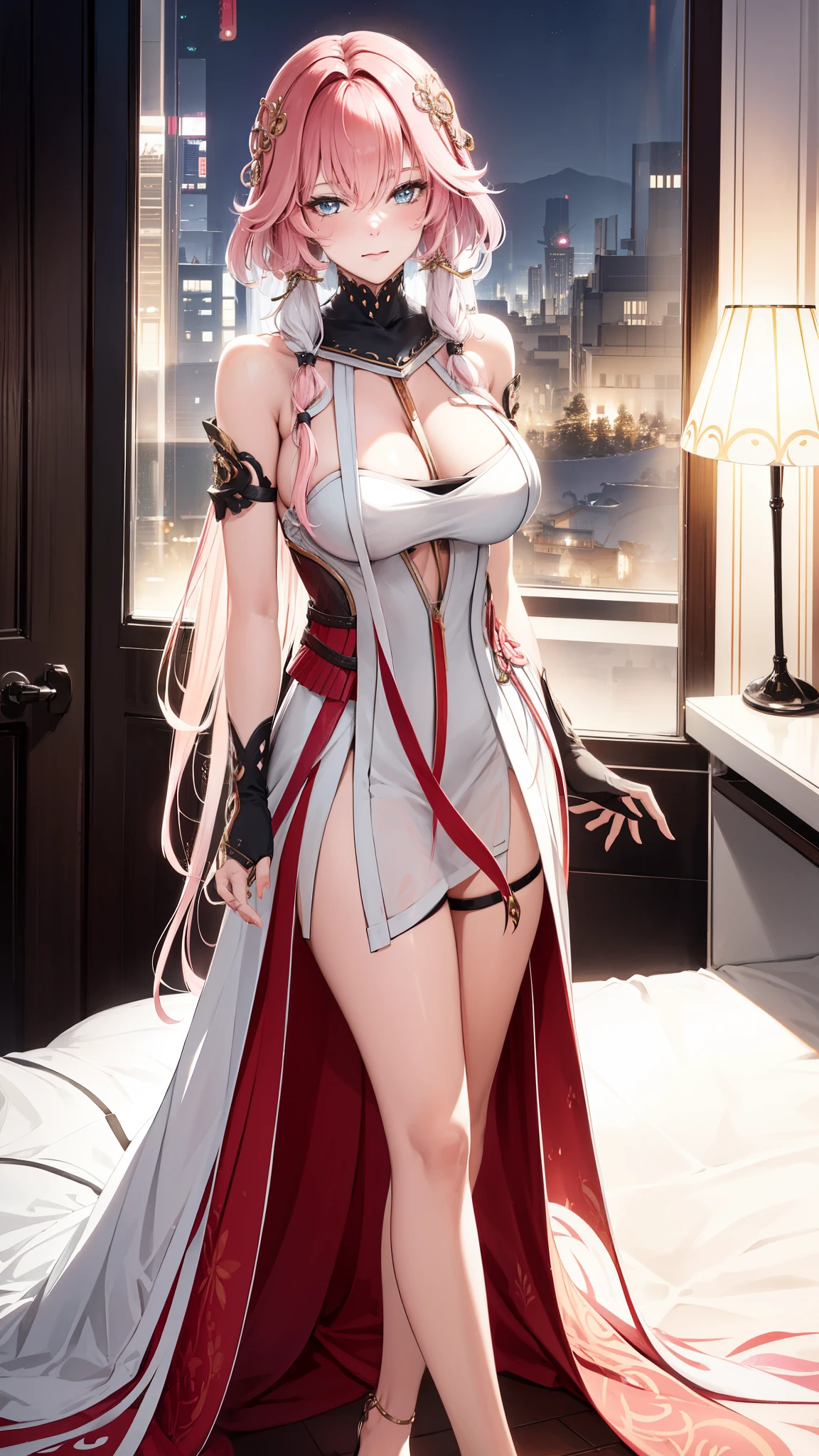 Wear a modern transparent dress，Elegant and noble，Beautiful costume design ，gorgeous dress ，Pink long wavy hair，Modern Goddess， light blue eyes ，Sophisticated modern clothing，review， back tattoo ，night， She appears in a luxury hotel bedroom ， Seductive Posture ，8K， high resolution， Yae Miko